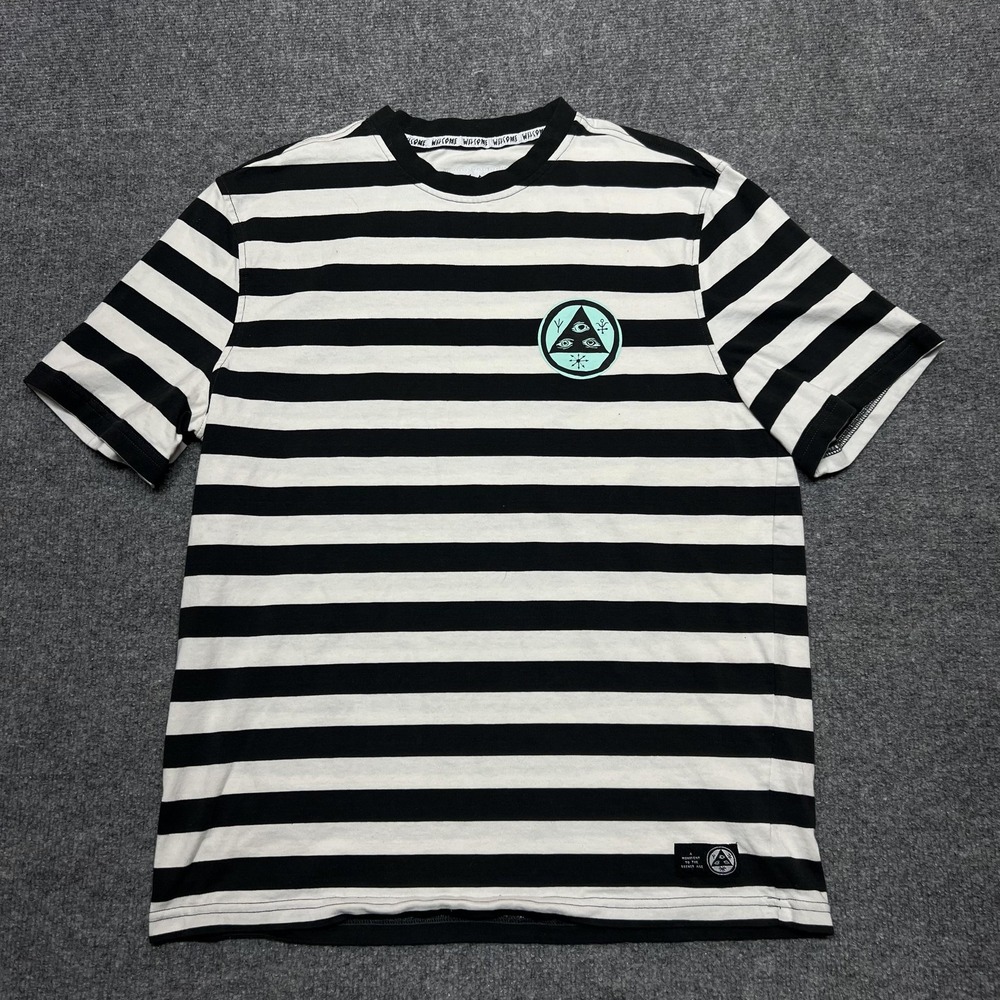Welcome Skateboards Shirt Mens Medium Black White Stripe Wolf Graphic
